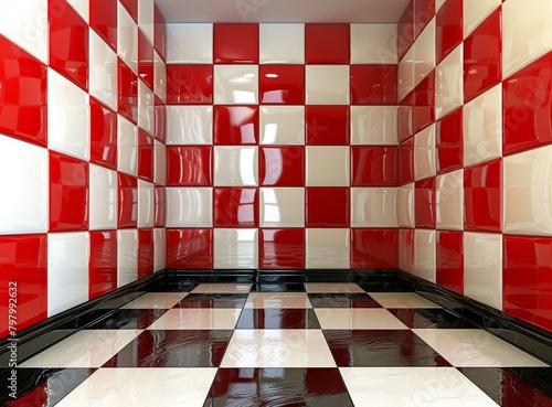 Red and white glossy tiles room interior