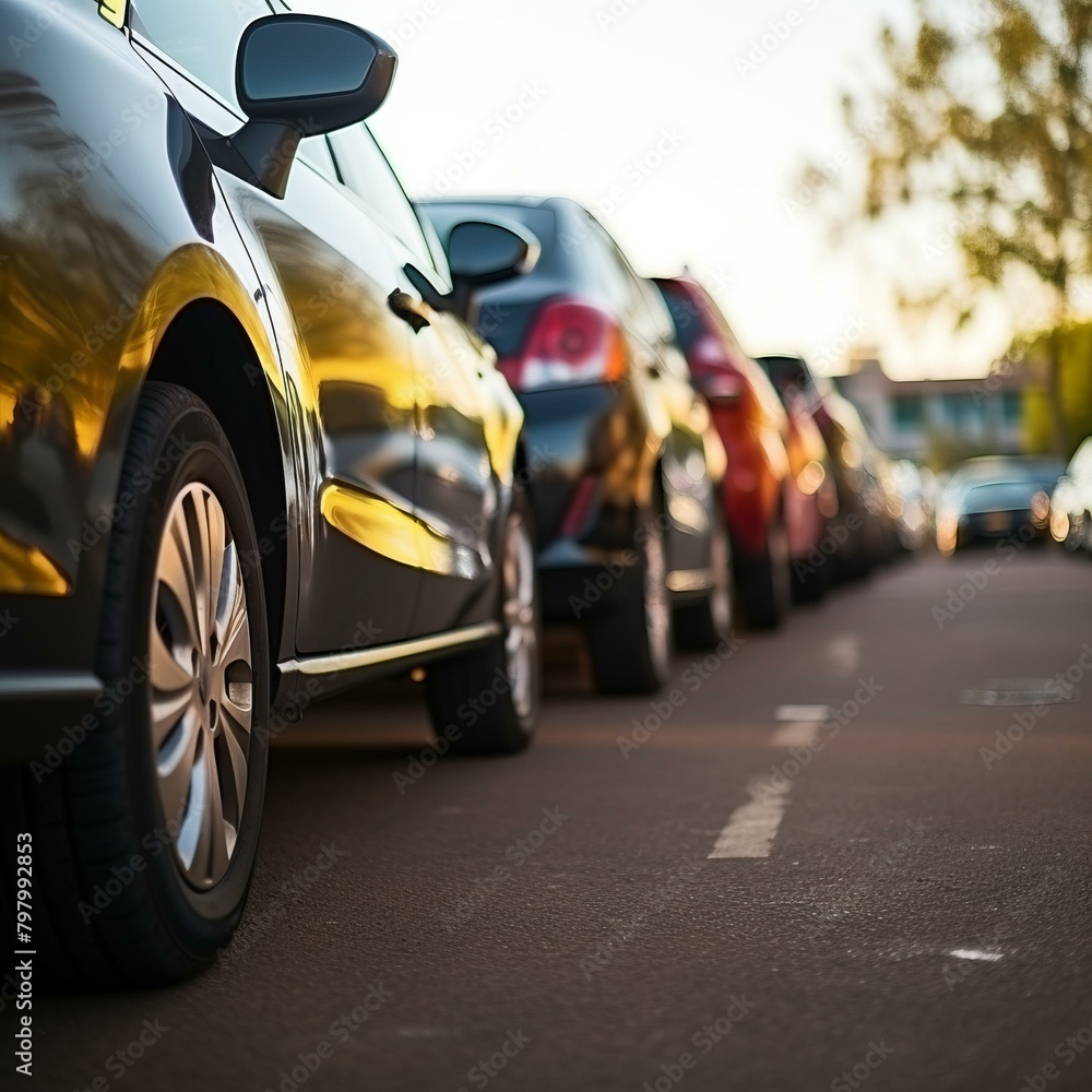 Fototapeta premium b'A row of parked cars on a city street.'