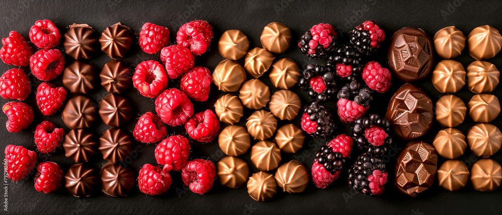 Obraz premium A row of chocolate covered berries including raspberries and blackberries