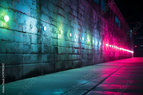 b'Glowing orbs along a city sidewalk at night'