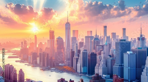 b'New York City skyline at sunset'