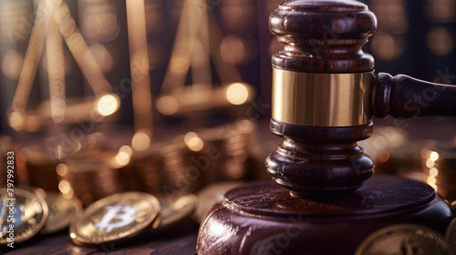 Court gavel, bitcoins on blurred background. Legal regulation of cryptocurrency