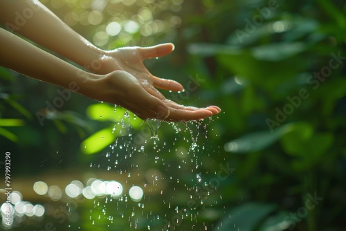 Water flowing through a woman's hands in a forest