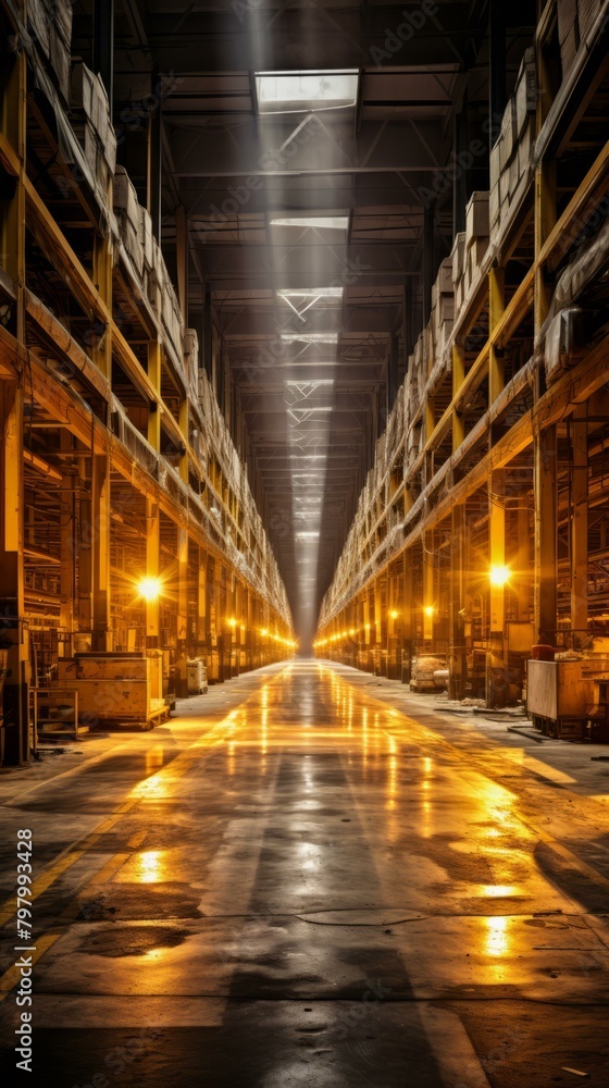 b'Eerie industrial warehouse interior with bright lights shining through the roof'