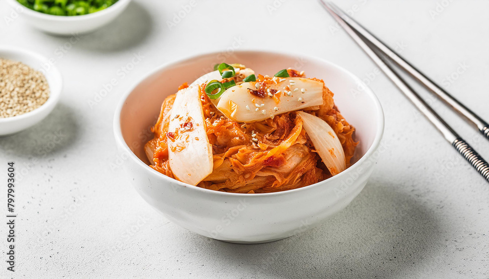 Close-up of traditional Korean kimchi in white bowl. Tasty Asian food. Culinary concept. Close-up of traditional Korean kimchi in white bowl. Tasty Asian food. Culinary concept.