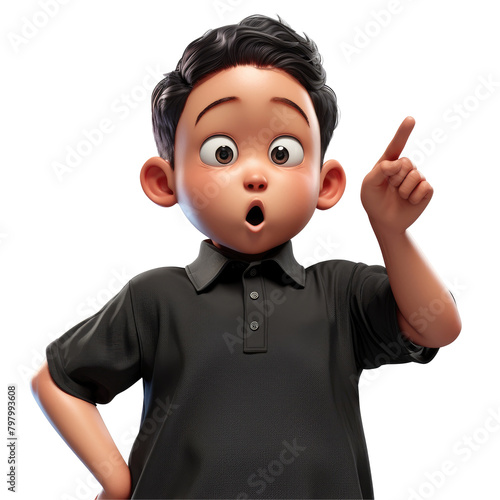 A Filipino cartoon character appears stunned pointing to the right with a wide open mouth gazing directly at the viewer in search of answers Dressed in a black polo shirt he stands out agai photo