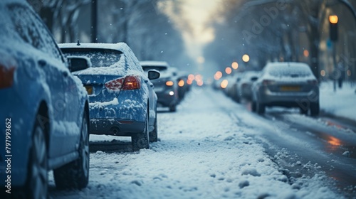 b'Snowy street with parked cars' © Adobe Contributor
