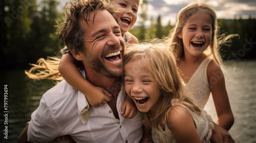b'Happy family of four laughing together'