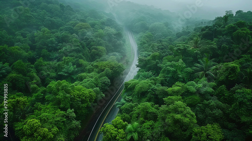 Capture the panoramic view of a winding road through vibrant rainforest foliage in the midst of the monsoon. © Azazul