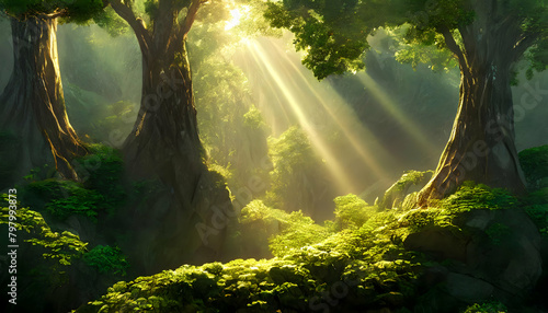 Sunlight dances on intricate textures of green leaves  encapsulating essence of natural on digital art concept.