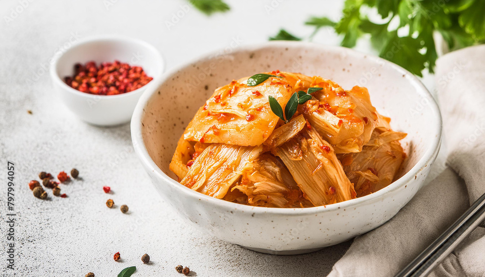Close-up of traditional Korean kimchi in white bowl. Tasty Asian food. Culinary concept. Close-up of traditional Korean kimchi in white bowl. Tasty Asian food. Culinary concept.