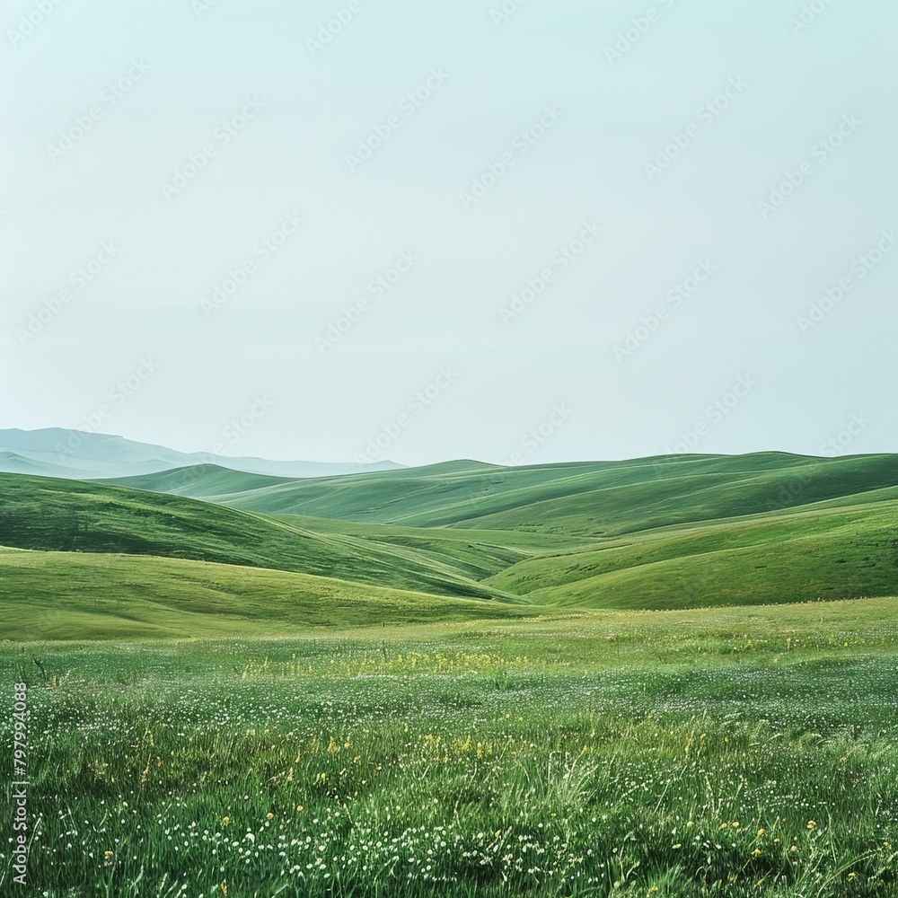 Fototapeta premium b'Vast green rolling hills under blue sky with white clouds'