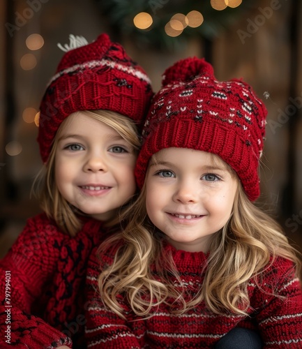 b'Two little girls in red Christmas sweaters smiling'