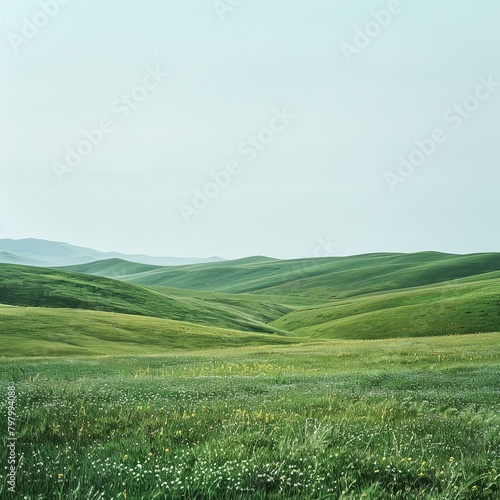 b'Vast green rolling hills under blue sky with white clouds'