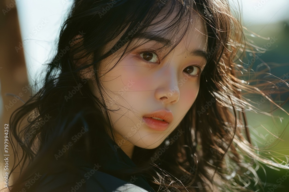 b'A portrait of a young woman with long dark hair and light makeup' b'A portrait of a young woman with long dark hair and light makeup'