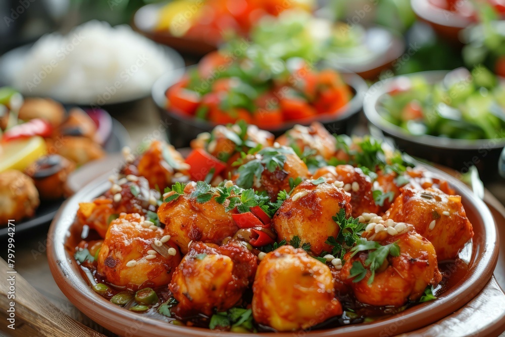 b'A plate of food with various side dishes' b'A plate of food with various side dishes'