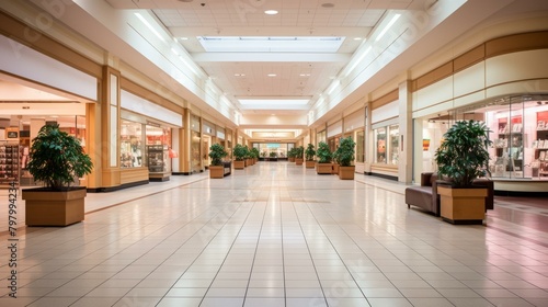 b An empty shopping mall with white walls and tiled floors 