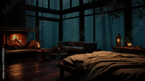 Sleep well tonight Rain pouring out old Cabin in the forest at night to throw all stress away photo
