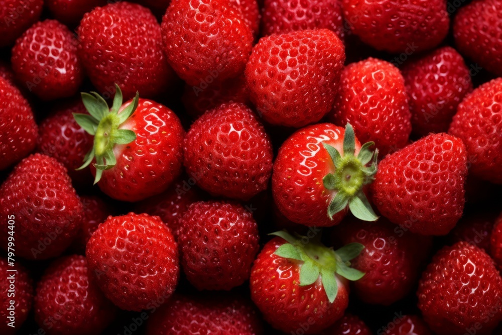 b'A close up image of a pile of fresh strawberries' b'A close up image of a pile of fresh strawberries'