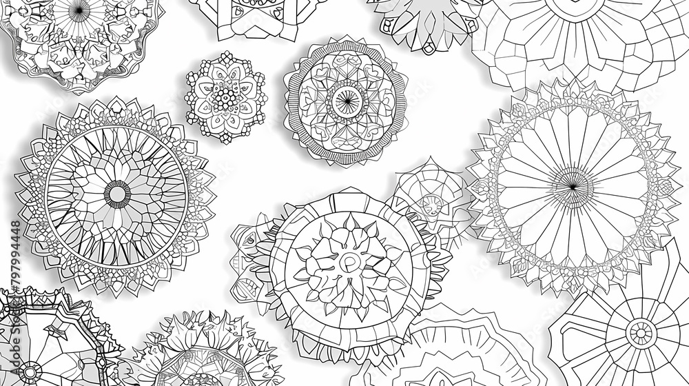 abstract geometric pattern coloring book page featuring a variety of flowers, including white, larg abstract geometric pattern coloring book page featuring a variety of flowers, including white, larg