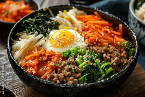 Korean Food Bibimbap with Rice, Vegetables, Egg and Meat