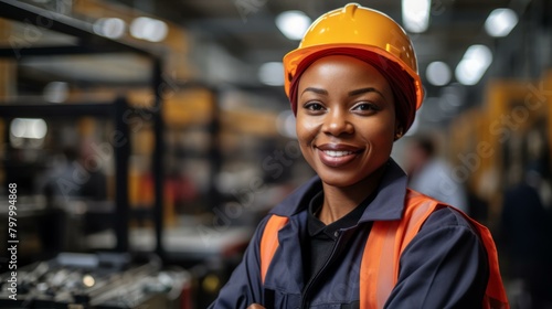 b'Portrait of a smiling female factory worker wearing a hard hat'