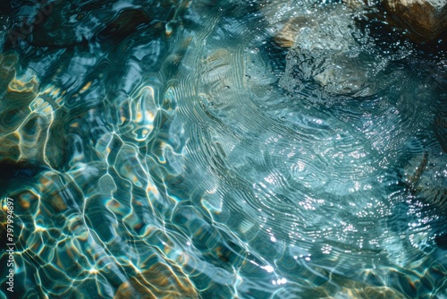 b'Blue water surface with sun reflection and caustics'