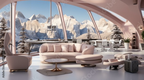 b'Pink futuristic living room interior with large windows and mountain views'