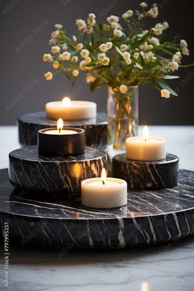 b'Black marble table with white candles and a vase of flowers' b'Black marble table with white candles and a vase of flowers'