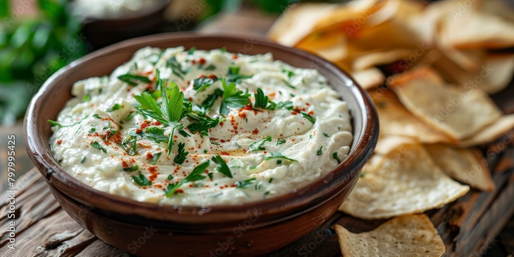 b'Homemade hummus with pita chips and parsley' b'Homemade hummus with pita chips and parsley'
