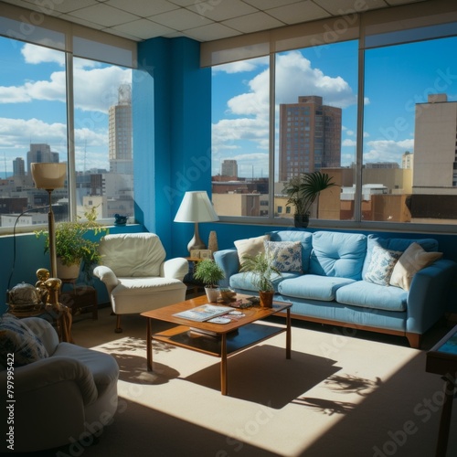 b Blue living room with large windows and city view 