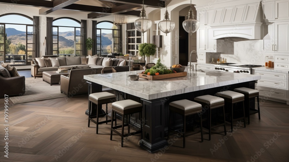 b'Modern kitchen with a large marble island and a view of the living room'