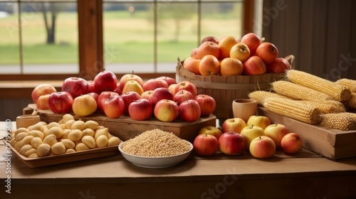 b'A wooden table full of various types of apples, corn, and potatoes'