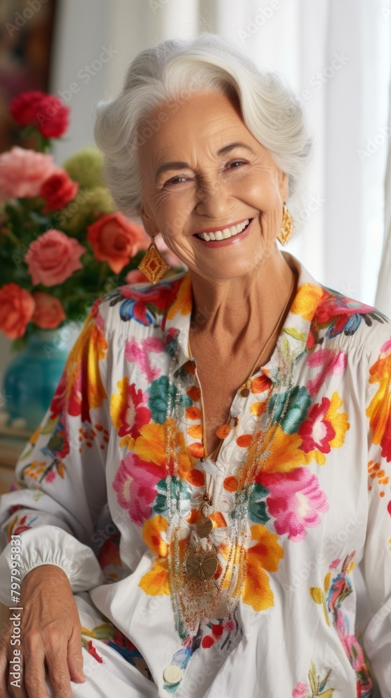 b'Portrait of a smiling elderly woman with white hair and colorful clothes' b'Portrait of a smiling elderly woman with white hair and colorful clothes'