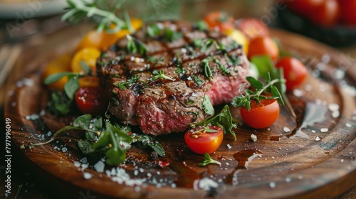 b'A delicious steak with cherry tomatoes and herbs on a wooden board'