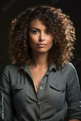 b portrait of a young woman with curly hair 