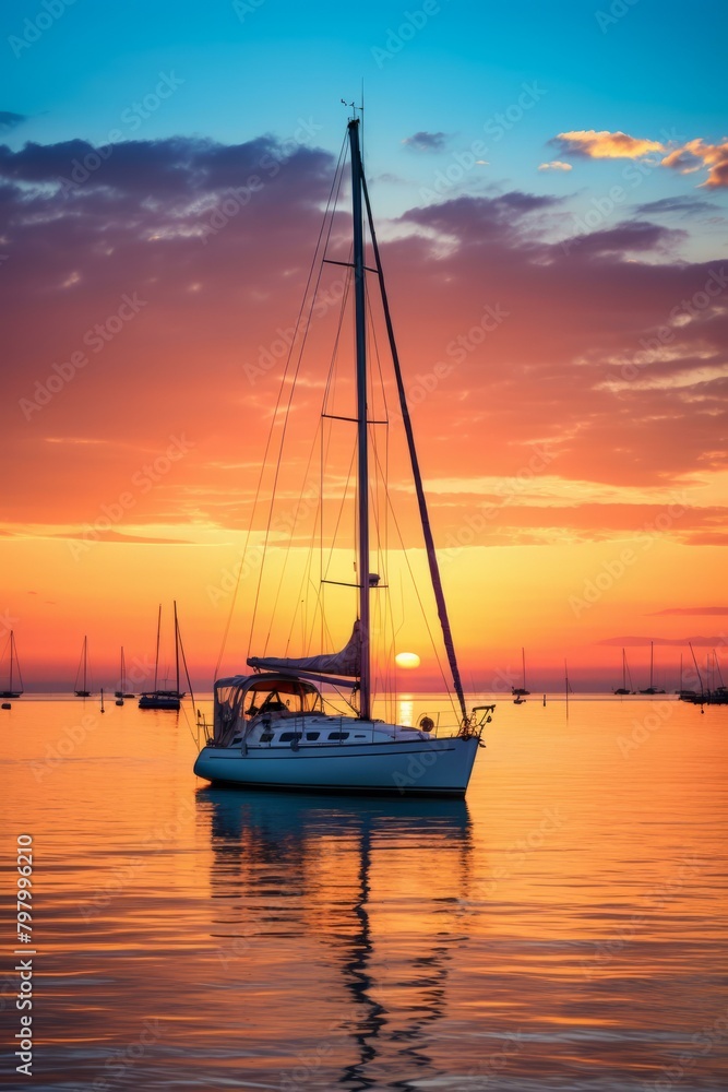 b'sailboat on calm water with orange sunset'