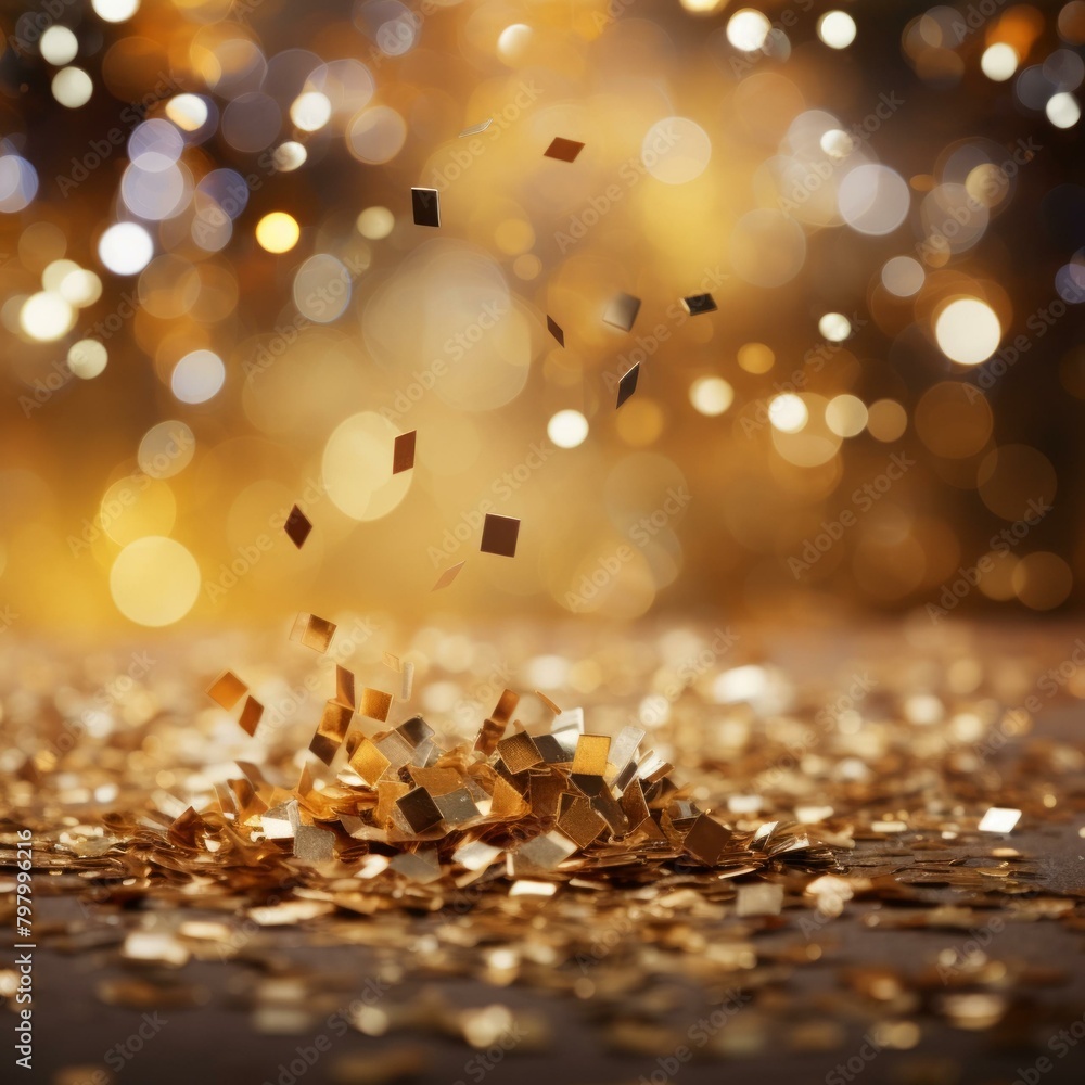 b'Golden confetti falling on a dark background' b'Golden confetti falling on a dark background'
