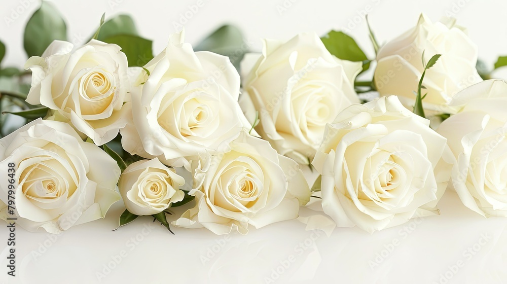 Fototapeta premium Elegant white roses with delicate petals set against a pristine white backdrop perfect for adding a touch of grace to wedding birthday Valentine s Day or Mother s Day cards