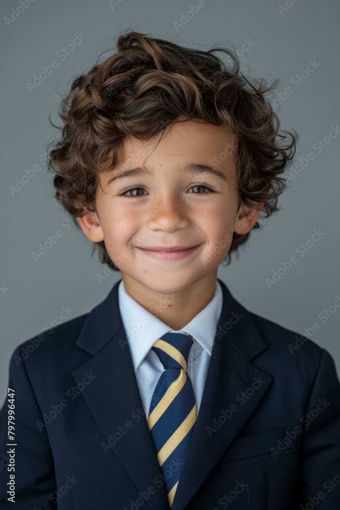 b'Portrait of a smiling boy in a suit and tie'