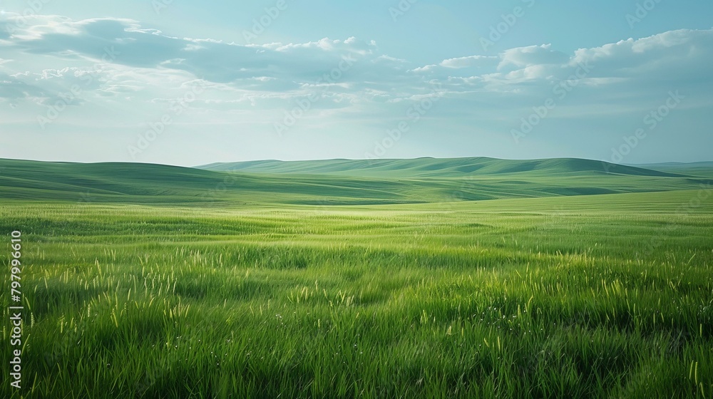 b'Tranquil Grassland Landscape with Rolling Hills and Clear Blue Sky'