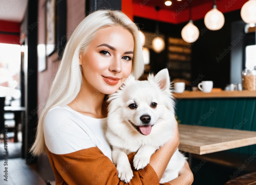Portrait of beautiful young woman holding her dog in hands.