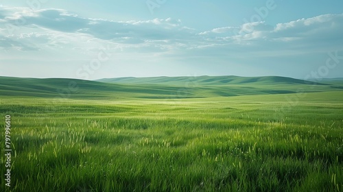 b'Tranquil Grassland Landscape with Rolling Hills and Clear Blue Sky'