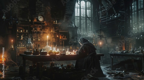 In a dark and dank laboratory a lone figure sits hunched over a desk covered in beakers vials and alchemical tools. Amidst the flickering . . photo