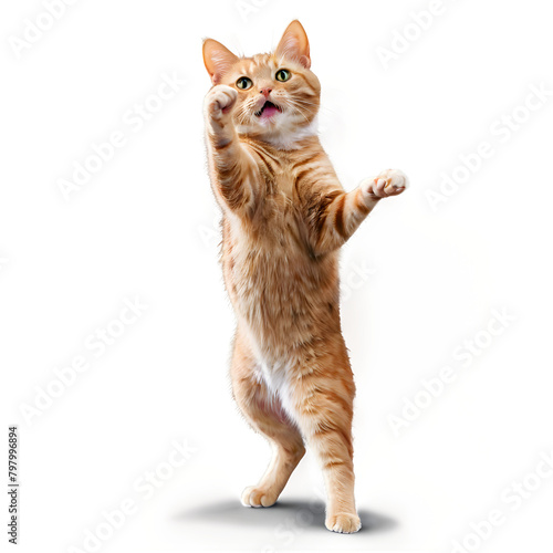 ginger cat stands on its hind legs and reaches up on a white isolated background ,PNG .GENERATIVE AI