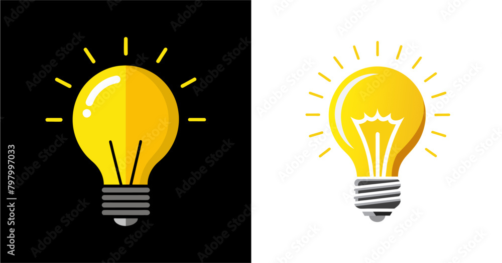 Lightbulb icon on light background. Idea symbol. Electric lamp, light, innovation, solution, creative thinking, electricity. Outline, flat and colored style. Flat design.