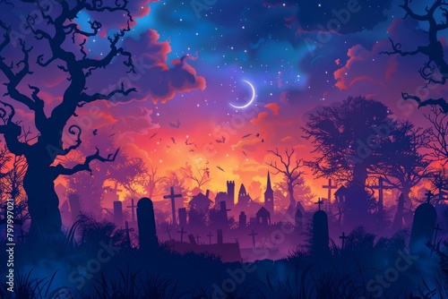 b'A spooky illustration of a graveyard at night'