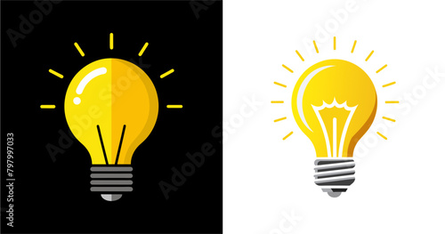 Lightbulb icon on light background. Idea symbol. Electric lamp, light, innovation, solution, creative thinking, electricity. Outline, flat and colored style. Flat design.