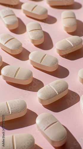 b'Close-up image of many white pills scattered on a pink surface'