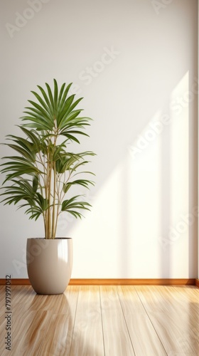 b Indoor potted plant in front of the wall with sunlight and shadow on the floor 